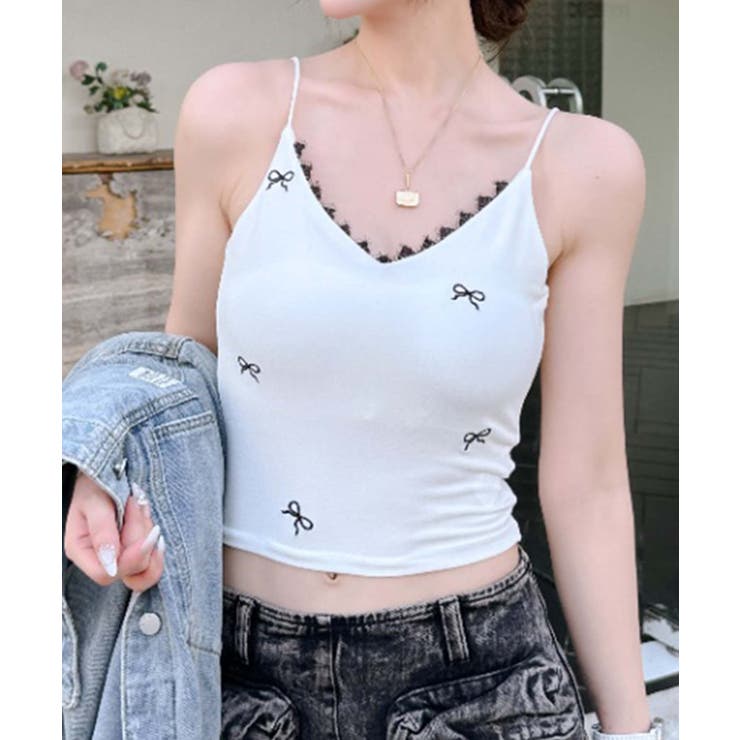 【20％OFFクーポン！12/25(木)限定！】aimoha レース付きリボン柄キャミソール トップス