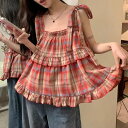 LADY LIKE チェック柄ショルダーリボンティアードチュニック トップス
