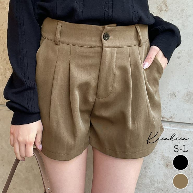 【10％OFFクーポン！1/16(金)1:59まで】kirakiraShop タック入りスラックスショートパンツ 全2色 ボトムス ショートパンツ ショーパン シンプル ハイウエスト フレア 膝上 シンプル ブラック 大人カジュアル 韓国ファッション Y