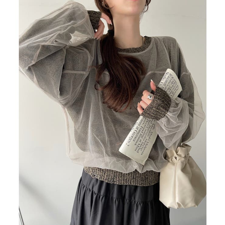 Eclat one チュールドッキング ミックスカラー ニット トップス