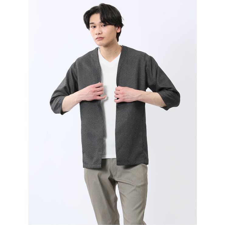 【10%OFFクーポン!11/27(木)1:59まで】TAKA-Q MEN からみ織り ボタンレス 7分袖カーディガン トップス