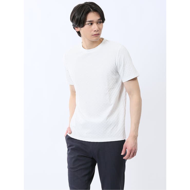 【10％OFFクーポン！3/26(木)1:59まで】TAKA-Q MEN リンクス幾何学柄ジャガード クルーネック半袖Tシャツ トップス