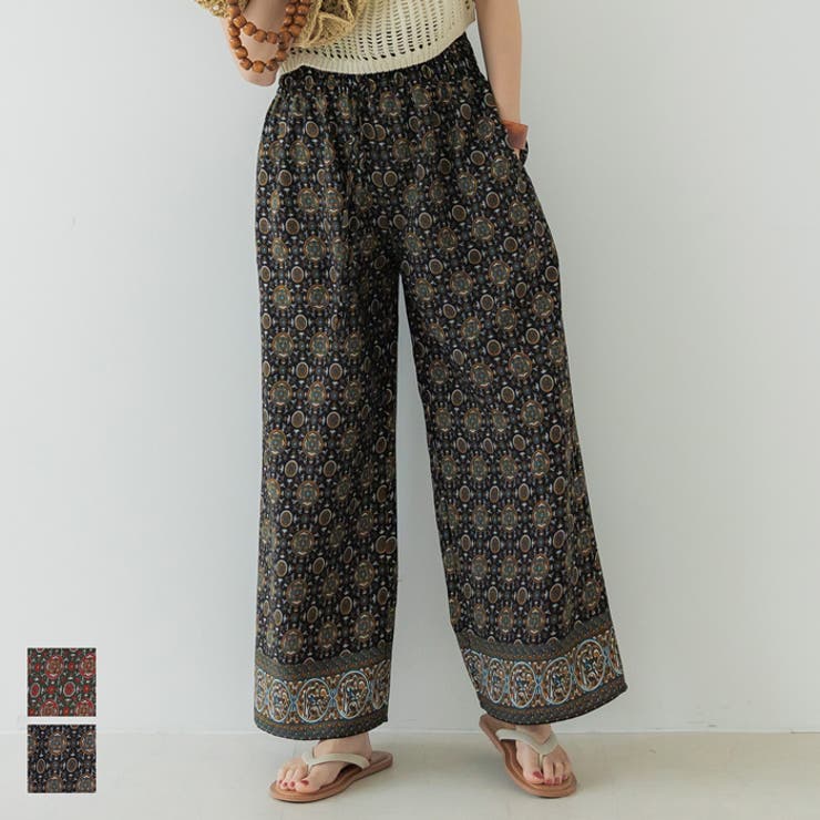 coca ワイドパンツ レディース オリエンタル エスニック とろみ ガウチョ ウエストゴム イージーパンツ エスニック 総柄 薄手 ポケット 24ss パンツ・ズボンのサムネイル