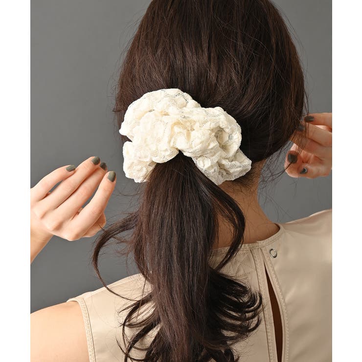 VINGTAINE シュシュ ドット柄 レース ボリュームシュシュ 可愛い ヘアアクセサリー...
