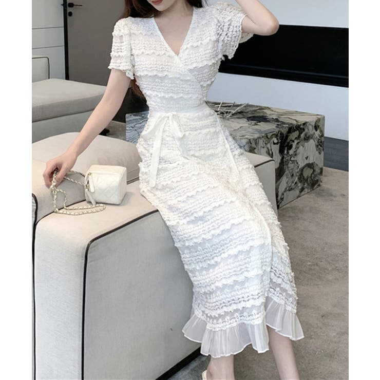 【10％OFFクーポン！1/16(金)1:59まで】aimoha 【Jasmine】フリルティアード風レースワンピース Jasmine Grandiflorum ワンピース・ドレス