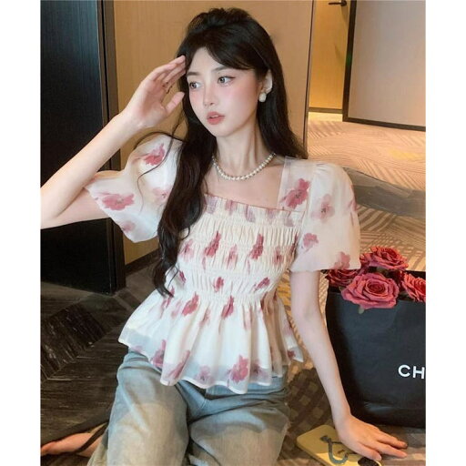 LETee 花柄シフォントップス/スクエアネック トップス LETee 花柄シフォントップス/スクエアネック トップス