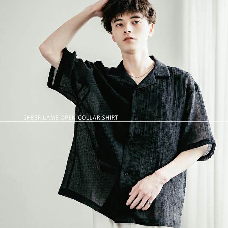 Rocky Monroe シアーシャツ 半袖 開襟 メンズ レディース 無地 レース ラメ 透け感 オープンカラー 白シャツ オーバーサイズ ビッグシルエット ...