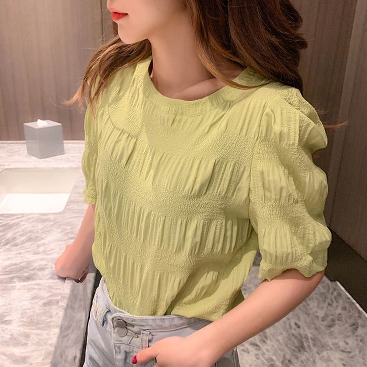 Beststore パワーショルダー トップス Tシャツ ギャザー カットソー 袖フリル ブラウス フロントツイスト パフスリ短丈トップス 春 夏 クルーネック 五分袖 トップス shoplistselect-10006895 SHOPLIST サンプル画像3