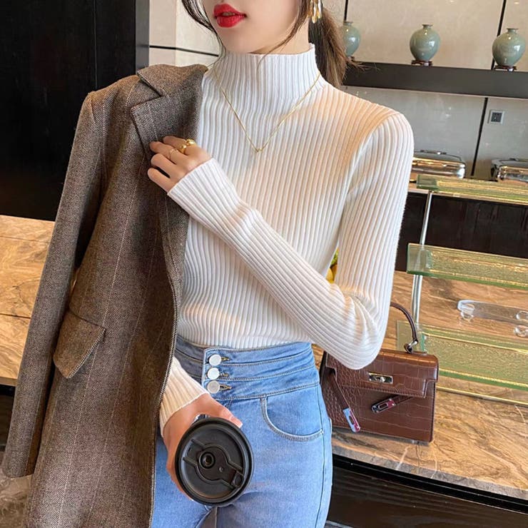 Beststore ハイネック リブニットトップス レディース 秋冬 ハイネック ニット セ...