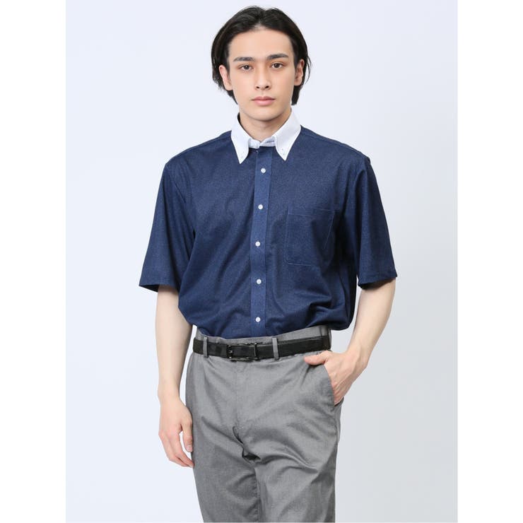 TAKA-Q MEN Biz トリコット ボタンダウン半袖 ビズシャツ トップス
