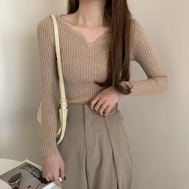 Beststore vネックニット ハートシェイプドネックニットトップス リブニット 長袖 薄手ニット vネック 秋冬服 韓国ファッションニット インナーニット 伸縮性 フィット シンプル レディース トップスセーター タイトシルエット トップス