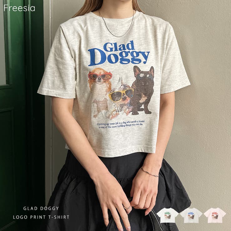 andme ドッグ ロゴ プリント 半袖 Tシャツ レディース トップス カットソー 半袖Tシャツ ロゴT プリントt フォトt 体型カバー 楽ちん 薄手 シアー ショート丈 カジュアル トレンド 真夏 春夏 春 夏 秋 Freesia フリージア トッのサムネイル