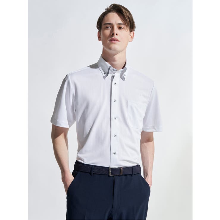 【10％OFFクーポン！12/11(木)1:59まで】TAKA-Q MEN クールパス スタンダードフィット ボタンダウン半袖ニットシャツ スーツ