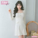 Tika ワッフルニットニュアンスカラーボックスプリーツフレアミニドレス 韓国ドレス ガーリードレス 袖あり 長袖 スクエアネック キャバドレス キャバ ドレス S-Lサイズ アイボリー 緩苺 Tika ティカ ワンピース・ドレス