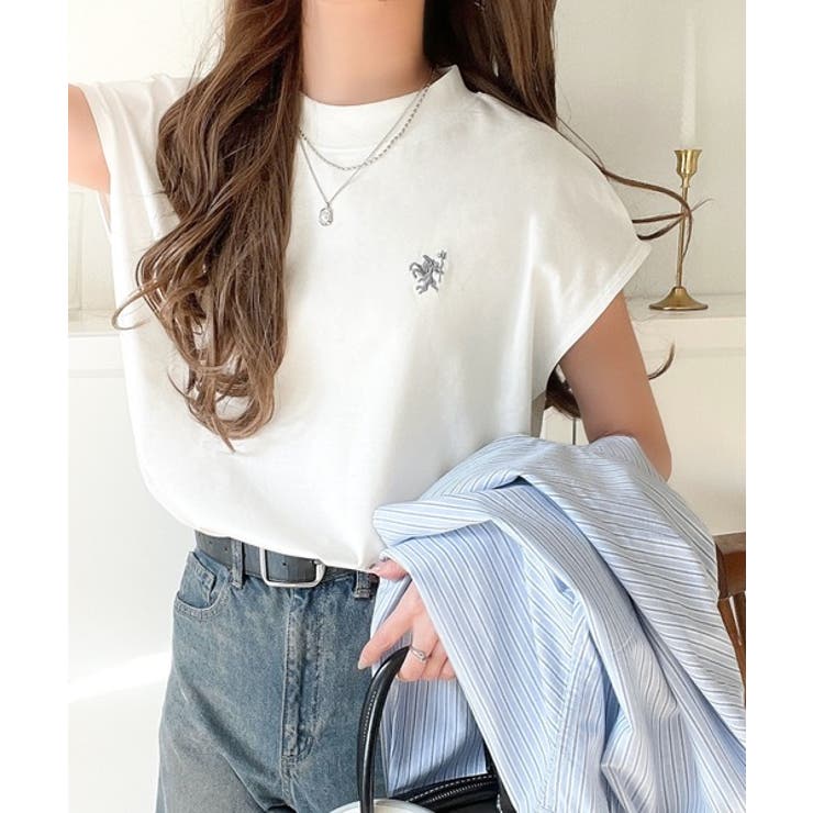 【10％OFFクーポン！9/11(金)1:59まで】Classical Elf 大人女子の上品ベーシック。綿100％シルケットモックネックフレンチTシャツ(刺繍) トップス