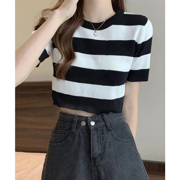 SUNSHINE CLOSET サマーニット ボーダー柄 半袖ニットソー トップス