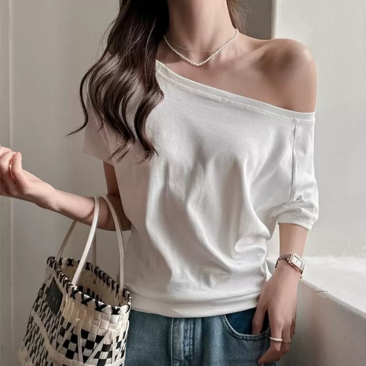 Carpe diem オフショルダー風半袖 ドロップショルダーTシャツ トップス 春 オフィ...