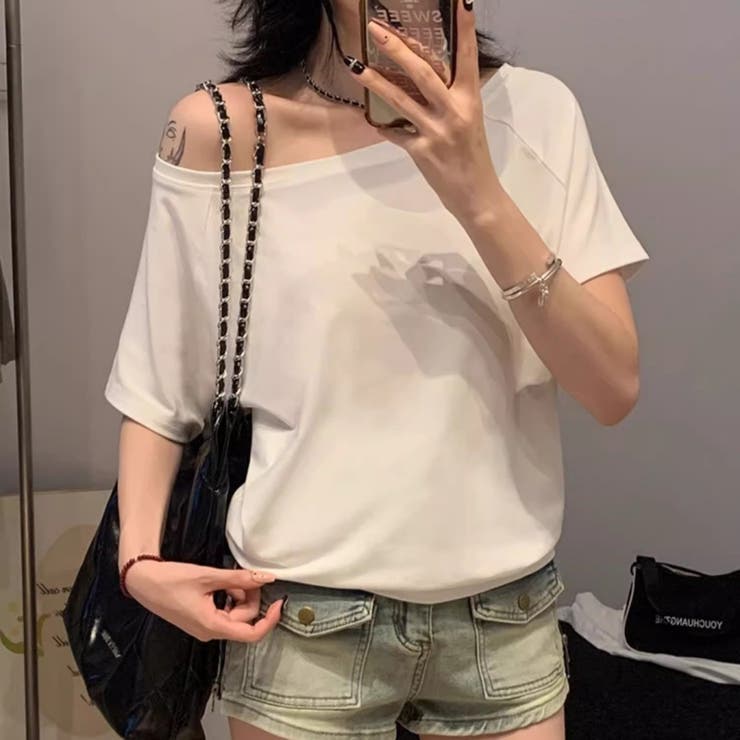 Carpe diem オフショルダー風半袖 ドロップショルダーTシャツ トップス 春 オフィ...