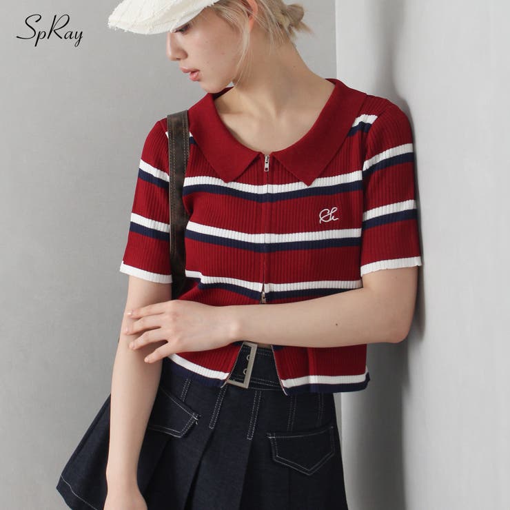 SpRay ダブルジップボーダーショートスリーブニット トップス