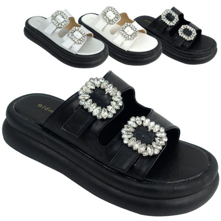 【10％OFFクーポン！12/11(木)1:59まで】Scramble 厚底ダブルベルトビジューバックルサンダル シューズ・靴