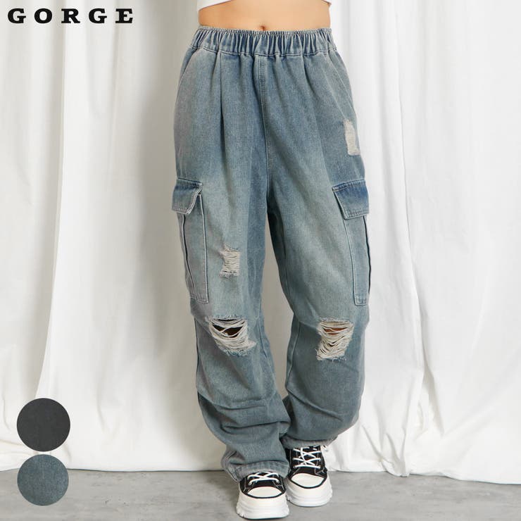 GORGE 《ダメージ加工×カーゴポケット》レディース デニム ワイドパンツ ストリート ゆったり 春夏秋冬 パンツ・ズボン