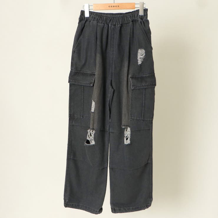 GORGE 《ダメージ加工×カーゴポケット》レディース デニム ワイドパンツ ストリート ゆったり 春夏秋冬 パンツ・ズボン