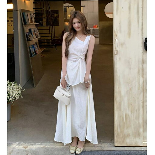 JS FASHION 上下セットアップ 【トップス+スカート】アシンメトリー ノースリーブ ブラウス Aライン ロング スカート ゆるスタイル ゆったり S M Lサイズ 春夏 きれいめ アイボリー ツーピース おしゃれ ワンピース・ドレス JS FASHION 上下セットアップ 【トップス+スカート】アシンメトリー ノースリーブ ブラウス Aライン ロング スカート ゆるスタイル ゆったり S M Lサイズ 春夏 きれいめ アイボリー ツーピース おしゃれ ワンピース・ドレス