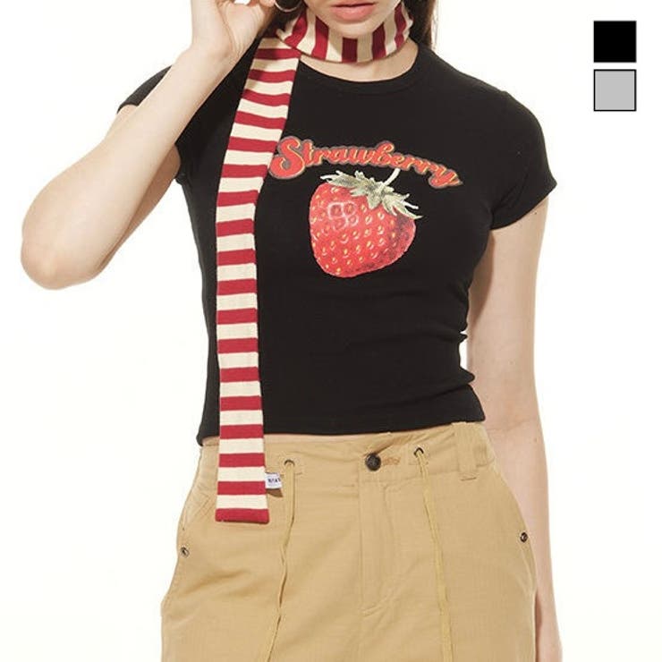 LADY LIKE 【春夏新作】ストロベリープリントコンパクト半袖Tシャツ トップス