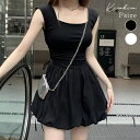 kirakiraShop スクエアネックシャーリングバルーンワンピース ワンピース バルーンスカート ミニスカート Aライン ボリューム バレエコア フェミニン ガーリッシュ 大人可愛い きれいめ カジュアル シンプル 春夏秋 ブラック ワンピース・