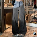 kirakiraShop 切替ワイドデニムパンツ 3サイズ ボトムス デニムパンツ ハイウエスト ハイライズ ジーパン ワイド ジーンズ ウォッシュデニム セミワイド 脚長 美脚 ブルー ブラック ボーイズデニム きれいめ ヴィンテージ Y2K 体型カ