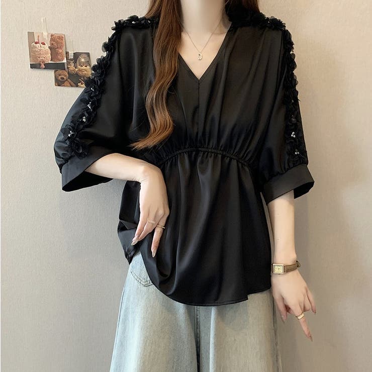 【10％OFFクーポン！7/26(日)1:59まで】Ulysses フラワー半袖Vネックトップス トップス