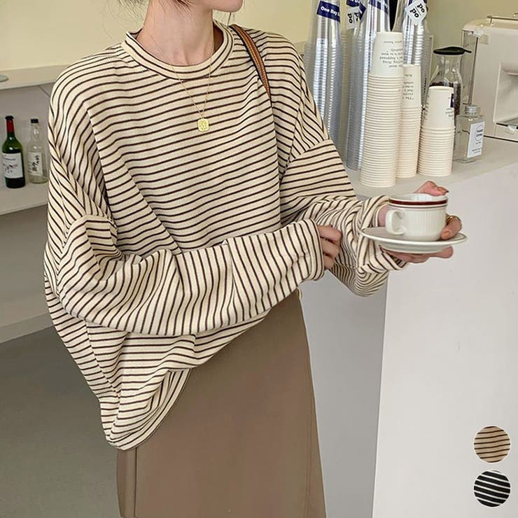 ミスウェディー カットソー レディース 長袖 ボーダー ゆったり オーバーサイズ 春秋 韓国 トップス