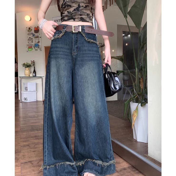 SUNSHINE CLOSET ハイウエスト デニムワイドパンツ 韓国風 パンツ・ズボン(4)