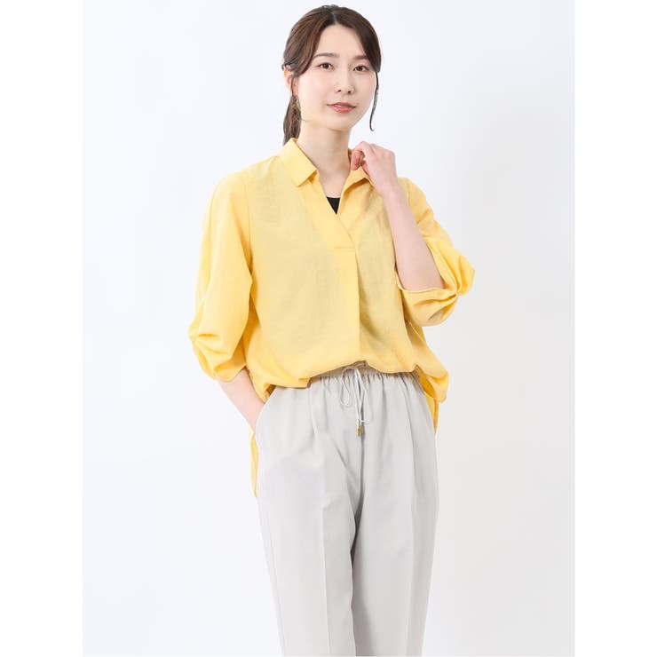 TAKA-Q WOMEN 袖タックかぶり スキッパーシャツチュニック トップス