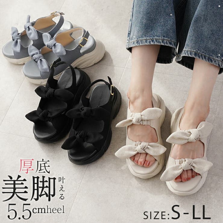 La luna サンダル レディース リボンサンダル スポサン 歩きやすい 厚底 リボン バックストラップ 新作 ストラップ ウエッジソール ボリューム 5.5cmヒール 痛くない 疲れない 美脚 黒 ブラック S～LL 22.5cm～24.5cm シ