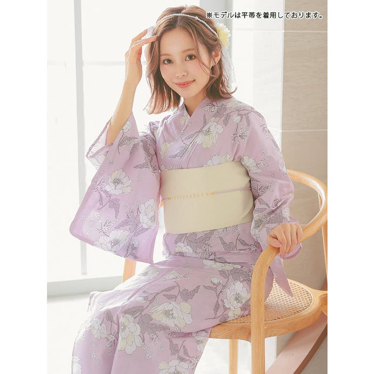 Retica 線画タッチフラワーデザイン浴衣3点セット 作り帯 下駄 ガーリー浴衣 sweet浴衣 レディース浴衣 ピンク Retica レティカ 浴衣・着物
