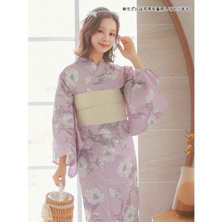 Retica 線画タッチフラワーデザイン浴衣3点セット 作り帯 下駄 ガーリー浴衣 sweet浴衣 レディース浴衣 ピンク Retica レティカ 浴衣・着物