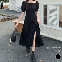 kirakiraShop 深スリットパフスリーブワンピース ロングワンピース マキシワンピ 長袖 可愛い きれいめ 大人カジュアル フェミニン 春夏 セクシー フリル シンプル ロング丈 スリット パフスリーブ モード Aライン スクエアネック ワンピ