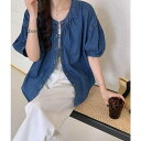 【5%OFFクーポン 9/11 1:59まで】Ulysses シングルブレストクルーネック半袖デニムトップス トップス