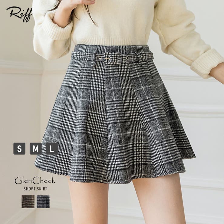 Riff グレンチェック柄ミニスカート グレンチェック ショート丈 フレアスカート インナーパンツ ボトム 韓国 シンプル ベーシック カジュアル フェミニン きれいめ 総柄 ブラウン ブラック S M L Riff リフ スカート