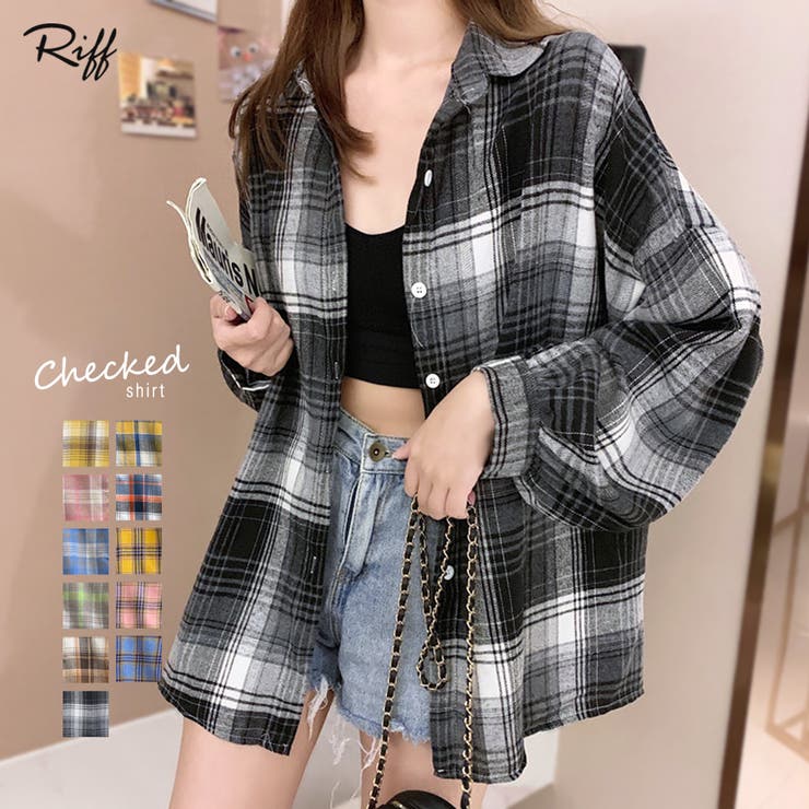 Riff チェックシャツ ゆるシャツ 羽織り オーバーサイズ 大きいサイズ ビッグサイズ ブラウス トップス 長袖 柄 マスタード ブラック Mサイズ 春 秋 冬 トップスのサムネイル