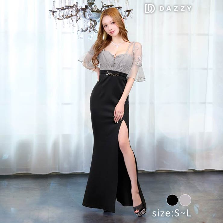 Dazzy [SML/3サイズ展開] ベルスリーブシアーレースファスナースリットタイト ロングドレス ワンピース・ドレス