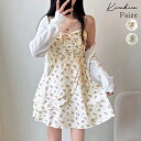 kirakiraShop 小花柄ミニキャミワンピース ワンピース 花柄 フラワー フェミニン ガーリッシュ 大人可愛い きれいめ カジュアル リボン キャミワンピース ブルー リゾート ミニ丈 フェミニン 着痩せ フレンチガーリッシュ ワンピース・ドレ