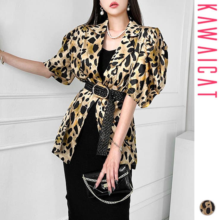 【10％OFFクーポン！11/27(木)1:59まで】KawaiCat ジャケット レディース 半袖 五分袖 テーラードジャケット アウター レオパード柄 ヒョウ柄 アニマル柄 パブスリーブ ボリューム袖 上品 きれいめ カジュアル 春 夏 to2622