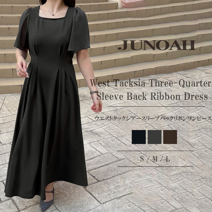 【10％OFFクーポン！6/11(木)1:59まで】JUNOAH ウエストタックシアースリーブバックリボンワンピース ワンピース・ドレス