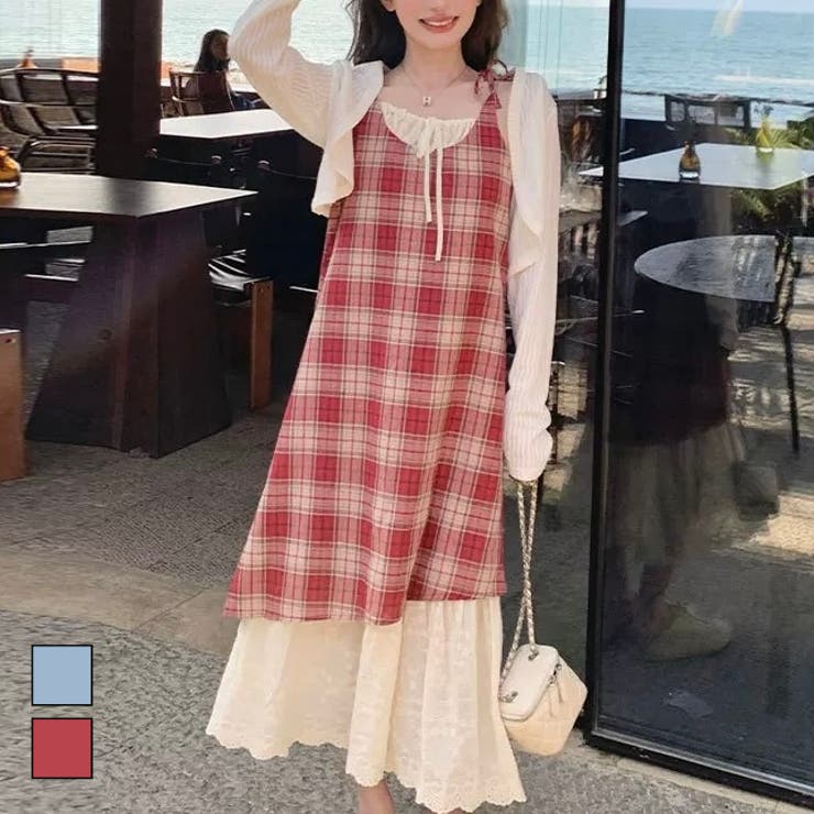 LADY LIKE 【春夏新作】レイヤード風チェック柄キャミワンピース ワンピース・ドレス