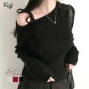 Riff リボンワンショルニット リブニット リブ編み ワンショルダー セーター Tシャツ カットソー プルオーバー トップス 長袖 無地 アイボリー レッド ブラック フリーサイズ 春 春服 秋 秋服 冬 冬服 トップス
