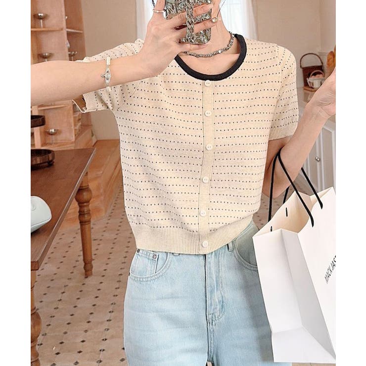 aimoha 配色ラインショートスリーブニットカーディガン 半袖 トップス