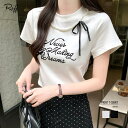 【5%OFFクーポン 9/11 1:59まで】Riff パールリボン付き半袖ロゴTシャツ チャーム付き クルーネック Tシャツ カットソー プルオーバー トップス 半袖 無地 アイボリー ブラック Mサイズ 春 春服 夏 夏服 秋 秋服 トップス