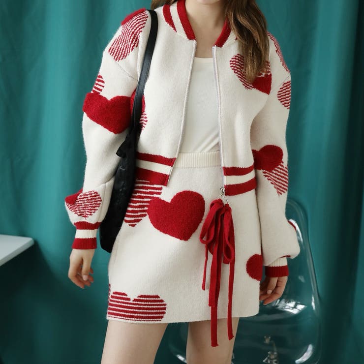 HOOK 【HOOK】for　girls　ハート立体刺繍ニットスタジャンショート丈セットアップ可能【AW】 トップス